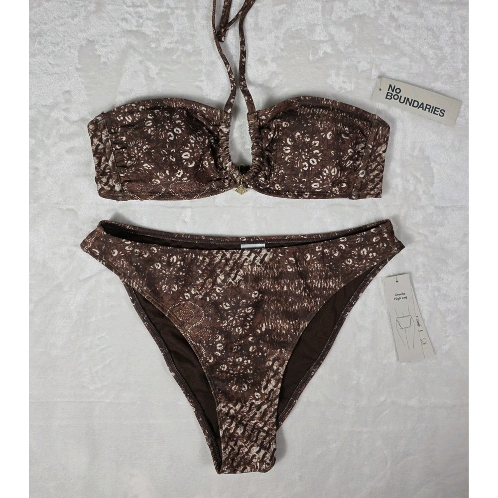 No Boundaries Bikini Set Brown Print Bandeau Cheeky High Leg M 8-10 NWT